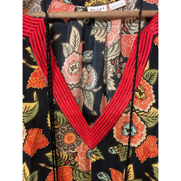 Rhode Resort 100% Silk Orange Floral Red Trim V-neck Maxi Kaftan Dress, M - Picture 6 of 9